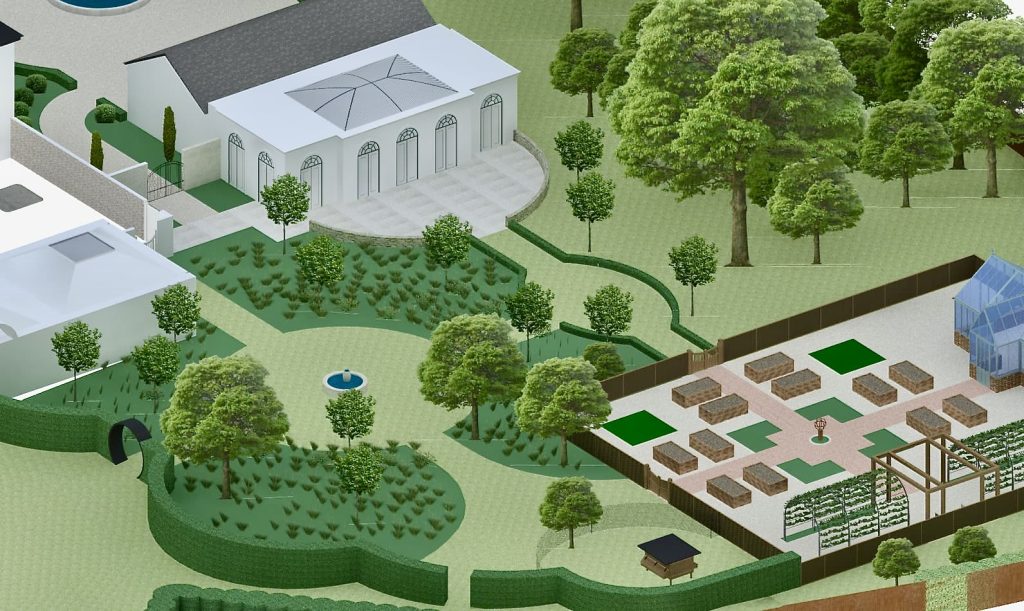 An overview of a large garden which includes mature trees, an orangery, wild flower meadow, a moon gate, a kitchen garden and a chicken coop